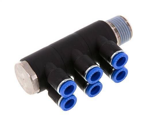 8mm x R1/2'' 6-way Manifold Push-in Fitting with Male Threads Brass/PA 66 NBR Rotatable