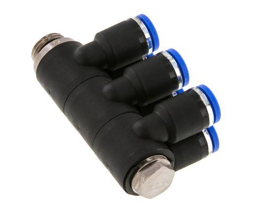8mm x G1/4'' 6-way Manifold Push-in Fitting with Male Threads Brass/PA 66 NBR Rotatable