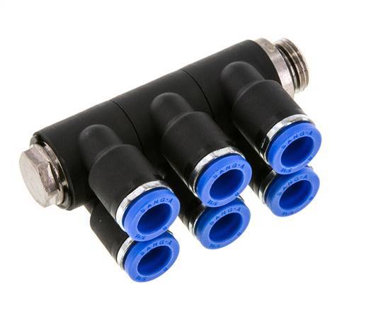 8mm x G1/4'' 6-way Manifold Push-in Fitting with Male Threads Brass/PA 66 NBR Rotatable