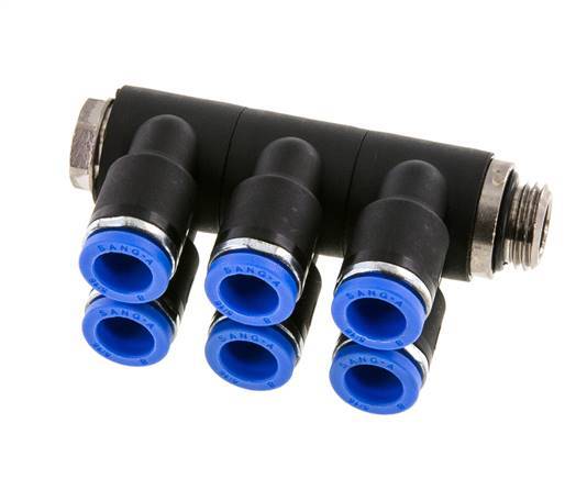 8mm x G1/4'' 6-way Manifold Push-in Fitting with Male Threads Brass/PA 66 NBR Rotatable