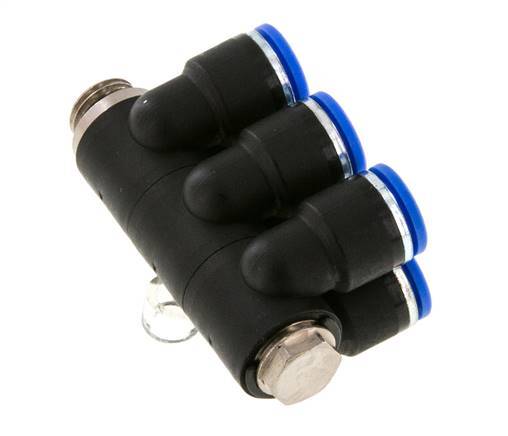 10mm x G1/4'' 6-way Manifold Push-in Fitting with Male Threads Brass/PA 66 NBR Rotatable