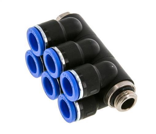 10mm x G1/4'' 6-way Manifold Push-in Fitting with Male Threads Brass/PA 66 NBR Rotatable