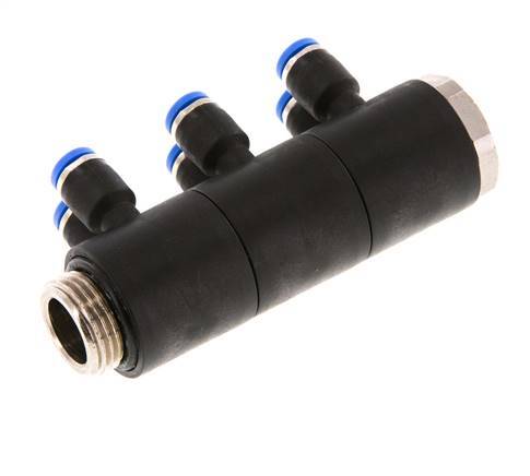 4mm x G3/8'' 6-way Manifold Push-in Fitting with Male Threads Brass/PA 66 NBR Rotatable