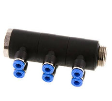 4mm x G3/8'' 6-way Manifold Push-in Fitting with Male Threads Brass/PA 66 NBR Rotatable