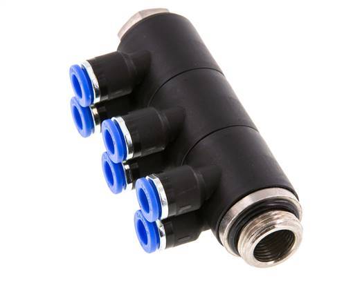 6mm x G3/8'' 6-way Manifold Push-in Fitting with Male Threads Brass/PA 66 NBR Rotatable