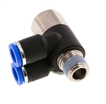 8mm x R1/4'' Double 90deg Elbow Push-in Fitting with Male-Female Threads Brass/PA 66 NBR Rotatable