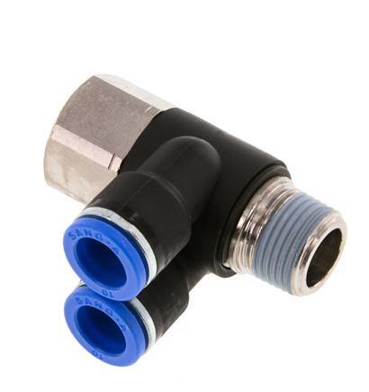 10mm x R3/8'' Double 90deg Elbow Push-in Fitting with Male-Female Threads Brass/PA 66 NBR Rotatable