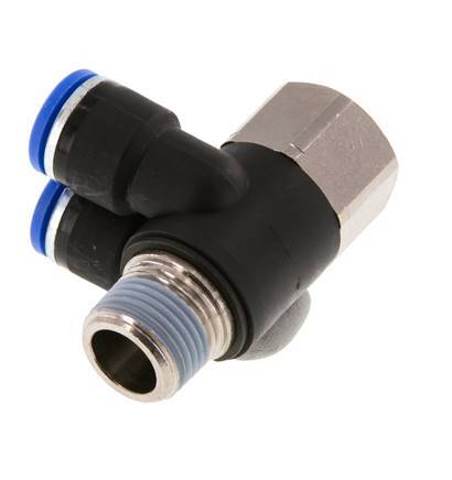 10mm x R3/8'' Double 90deg Elbow Push-in Fitting with Male-Female Threads Brass/PA 66 NBR Rotatable