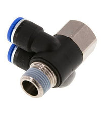 10mm x R3/8'' Double 90deg Elbow Push-in Fitting with Male-Female Threads Brass/PA 66 NBR Rotatable