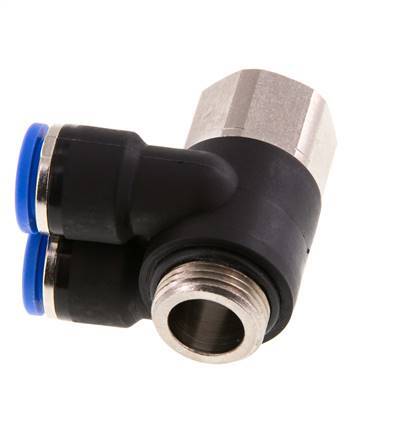10mm x G3/8'' Double 90deg Elbow Push-in Fitting with Male-Female Threads Brass/PA 66 NBR Rotatable