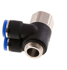 10mm x G3/8'' Double 90deg Elbow Push-in Fitting with Male-Female Threads Brass/PA 66 NBR Rotatable