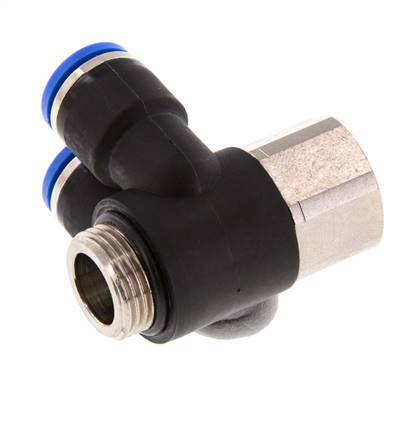 10mm x G3/8'' Double 90deg Elbow Push-in Fitting with Male-Female Threads Brass/PA 66 NBR Rotatable