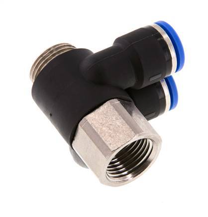 10mm x G3/8'' Double 90deg Elbow Push-in Fitting with Male-Female Threads Brass/PA 66 NBR Rotatable