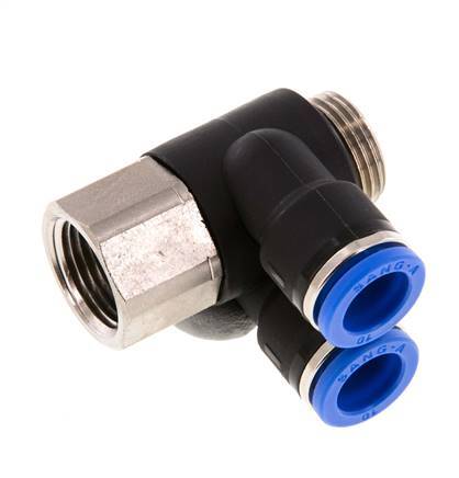 10mm x G3/8'' Double 90deg Elbow Push-in Fitting with Male-Female Threads Brass/PA 66 NBR Rotatable
