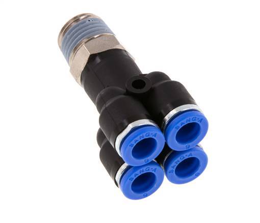 6mm x R1/4'' 4-way Y Manifold Push-in Fitting with Male Threads Brass/PA 66 NBR Rotatable