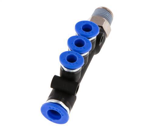 4mm x 6mm x R1/8'' 3-way Manifold Push-in Fitting with Male Threads Brass/PA 66 NBR Rotatable