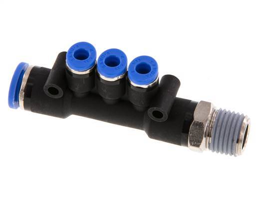 4mm x 8mm x R1/4'' 3-way Manifold Push-in Fitting with Male Threads Brass/PA 66 NBR Rotatable
