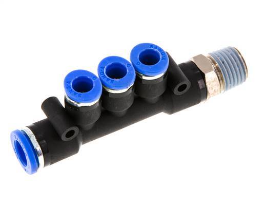 6mm x 8mm x R1/4'' 3-way Manifold Push-in Fitting with Male Threads Brass/PA 66 NBR Rotatable