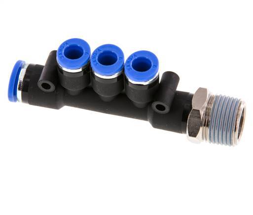 6mm x 8mm x R3/8'' 3-way Manifold Push-in Fitting with Male Threads Brass/PA 66 NBR Rotatable