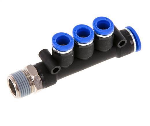 8mm x 10mm x R3/8'' 3-way Manifold Push-in Fitting with Male Threads Brass/PA 66 NBR Rotatable
