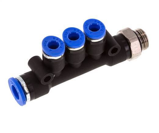 4mm x 6mm x G1/8'' 3-way Manifold Push-in Fitting with Male Threads Brass/PA 66 NBR Rotatable