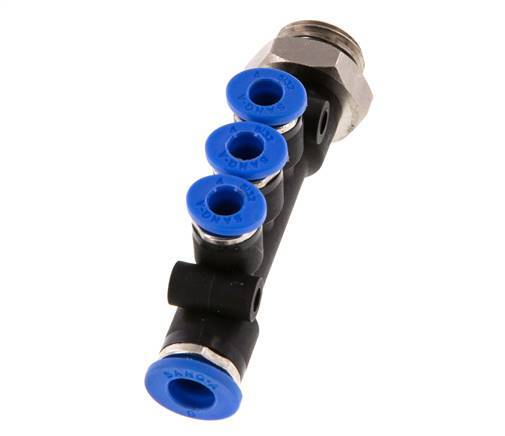 4mm x 6mm x G1/4'' 3-way Manifold Push-in Fitting with Male Threads Brass/PA 66 NBR Rotatable