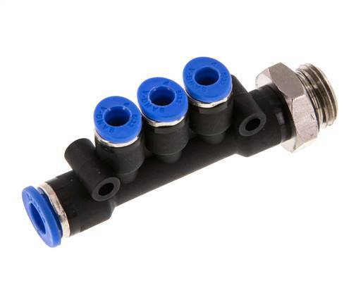 4mm x 6mm x G1/4'' 3-way Manifold Push-in Fitting with Male Threads Brass/PA 66 NBR Rotatable