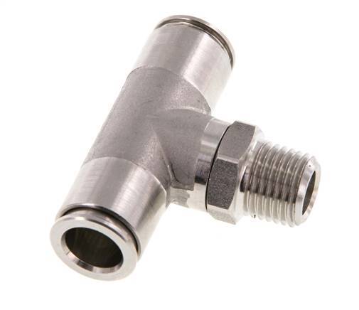 10mm x R1/4'' Inline Tee Push-in Fitting with Male Threads Stainless Steel FKM Rotatable