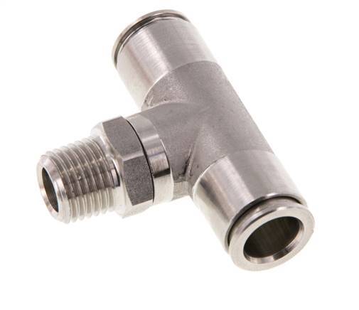 10mm x R1/4'' Inline Tee Push-in Fitting with Male Threads Stainless Steel FKM Rotatable