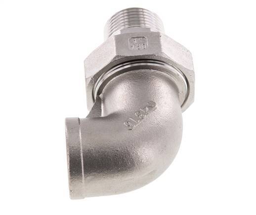 90deg Angled Union Connector 1'' Male R x Female Rp Stainless Steel Flat Seal PTFE 16bar (224.8psi)