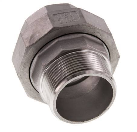 Rp 1 1/2'' x R 1 1/2'' F/M Stainless steel Double Nipple 3-pieces with Flat sealing 16 Bar