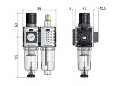 FRL 2-Part G1/4'' 800 l/min 0.2-4.0bar/3-58psi Auto (Closed Without Pressure) 40 mm Pressure Gauge Polycarbonate Futura 0