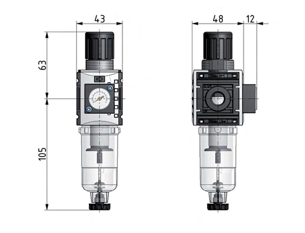 Filter-Regulator G1/4'' 1000 l/min 0.5-10.0bar/7-145psi Auto (Closed Without Pressure) 40 mm Pressure Gauge Polycarbonate Futura 0