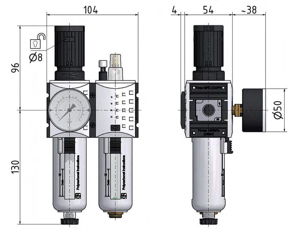 FRL 2-Part G3/8'' 1750 l/min 0.1-1.0bar/1-14psi Auto Polycarbonate Futura 1