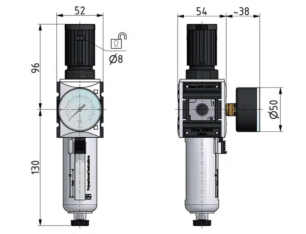 Filter-Regulator G3/8'' 2500 l/min 0.5-16.0bar/7-232psi Auto (Closed Without Pressure) Polycarbonate Futura 1