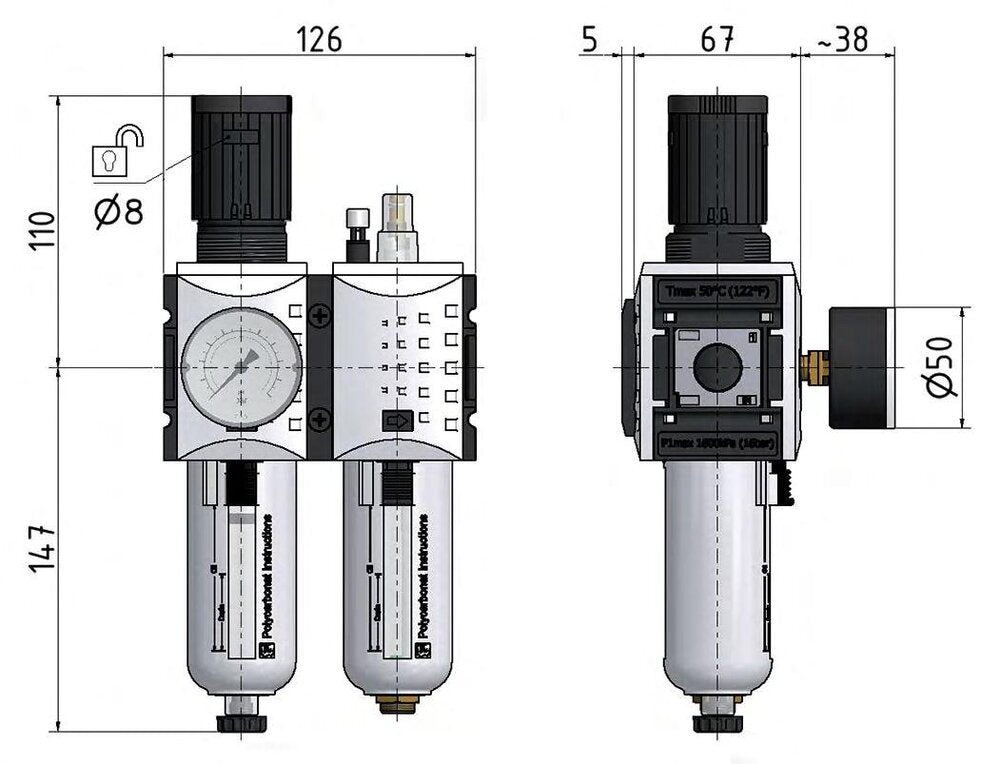 FRL 2-Part G1/2'' 3500 l/min 0.1-2.0bar/1-29psi Auto (Closed Without Pressure) Polycarbonate Futura 2