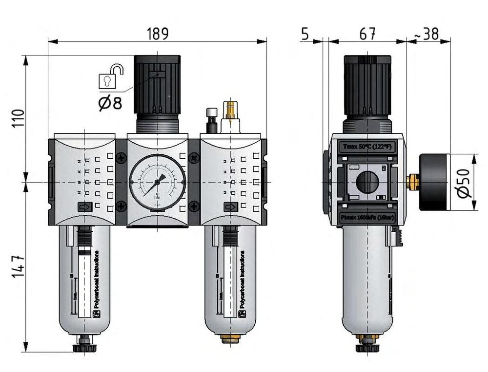 FRL 3-Part G1/2'' 3500 l/min 0.5-8.0bar/7-116psi Auto Metal Futura 2