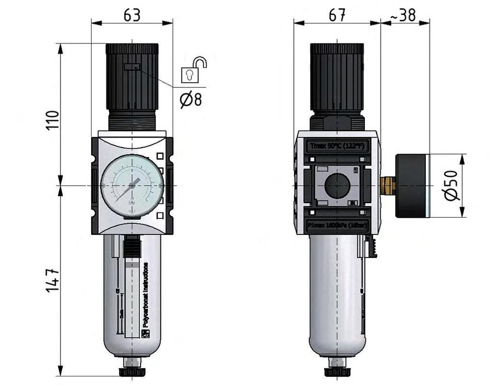 Filter-Regulator G1/2'' 5200 l/min 0.2-4.0bar/3-58psi Auto (Closed Without Pressure) Polycarbonate Futura 2
