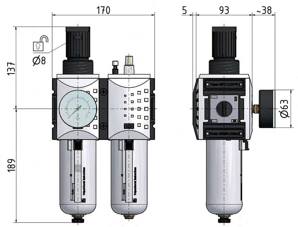FRL 2-Part G3/4'' 12000 l/min 0.5-10.0bar/7-145psi Semi-Auto Polycarbonate Futura 4