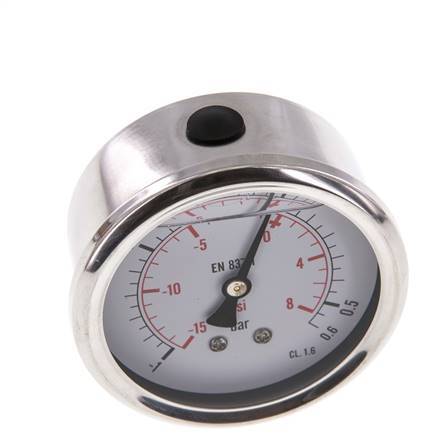 -1..0.6 Bar (-15..9 psi) Glycerin Pressure Gauge Rear Stainless steel/Brass 63 mm Class 1.6