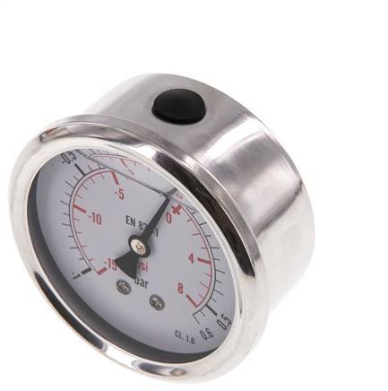 -1..0.6 Bar (-15..9 psi) Glycerin Pressure Gauge Rear Stainless steel/Brass 63 mm Class 1.6