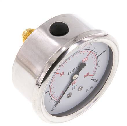 0..10 Bar (0..145 psi) Glycerin Pressure Gauge Rear Stainless steel/Brass 63 mm Class 1.6