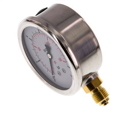 0..10 Bar (0..145 psi) Glycerin Pressure Gauge Below Stainless steel/Brass 63 mm Class 1.6