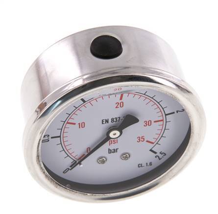 0..2.5 Bar (0..36 psi) Glycerin Pressure Gauge Rear Stainless steel/Brass 63 mm Class 1.6