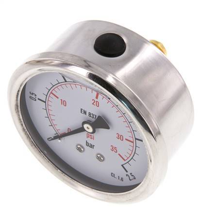 0..2.5 Bar (0..36 psi) Glycerin Pressure Gauge Rear Stainless steel/Brass 63 mm Class 1.6