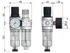 FRL 2-Part G1/8'' 700 l/min 0.5-10.0bar/7-145psi Semi-Auto 40 mm Pressure Gauge Cylinder Lock Polycarbonate Multifix 0