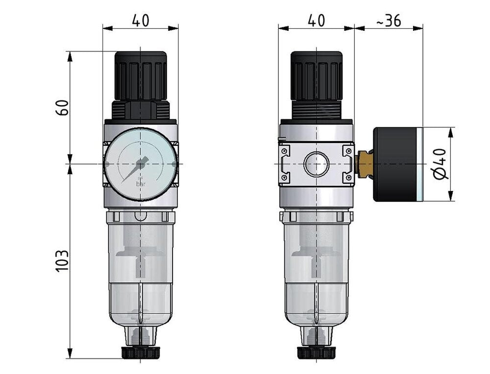 Filter-Regulator G1/4'' 1450 l/min 0.2-6.0bar/3-87psi Auto (Closed Without Pressure) 40 mm Pressure Gauge Polycarbonate Multifix 0
