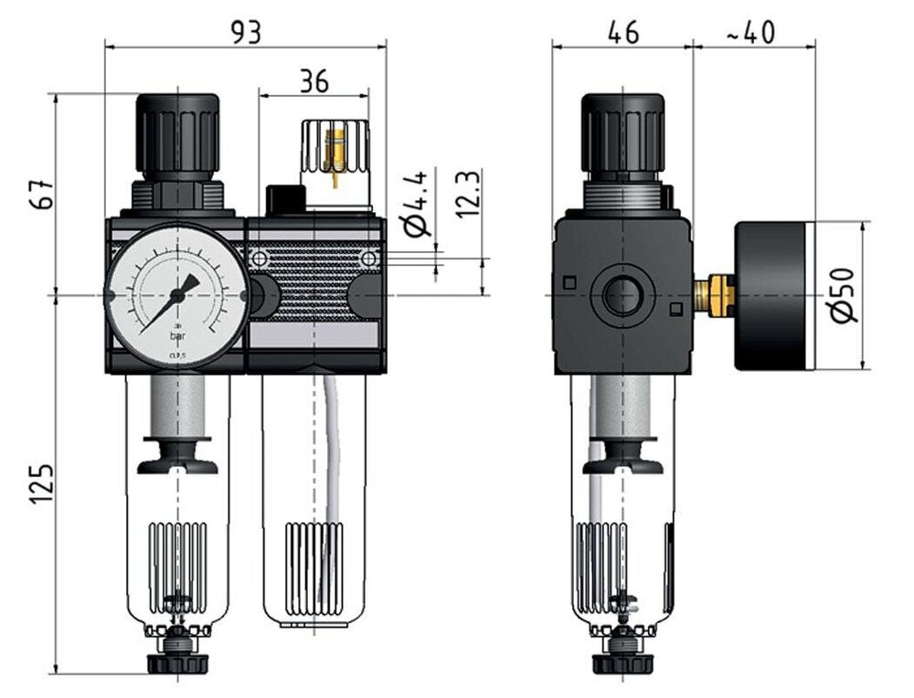 FRL 2-Part G3/8'' 1200 l/min 0.5-10.0bar/7-145psi Semi-Auto Cylinder Lock Polycarbonate Multifix 1