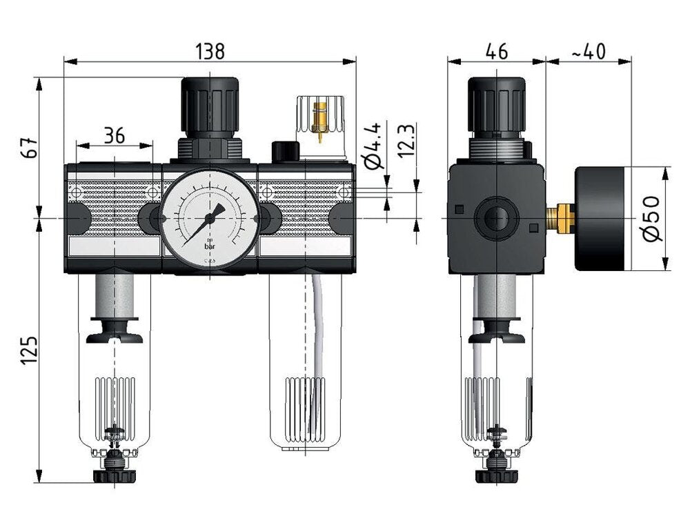 FRL 3-Part G1/4'' 1200 l/min 0.5-10.0bar/7-145psi Auto Polycarbonate Multifix 1