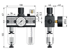 FRL 3-Part G1/4'' 1200 l/min 0.5-10.0bar/7-145psi Semi-Auto Metal Multifix 1